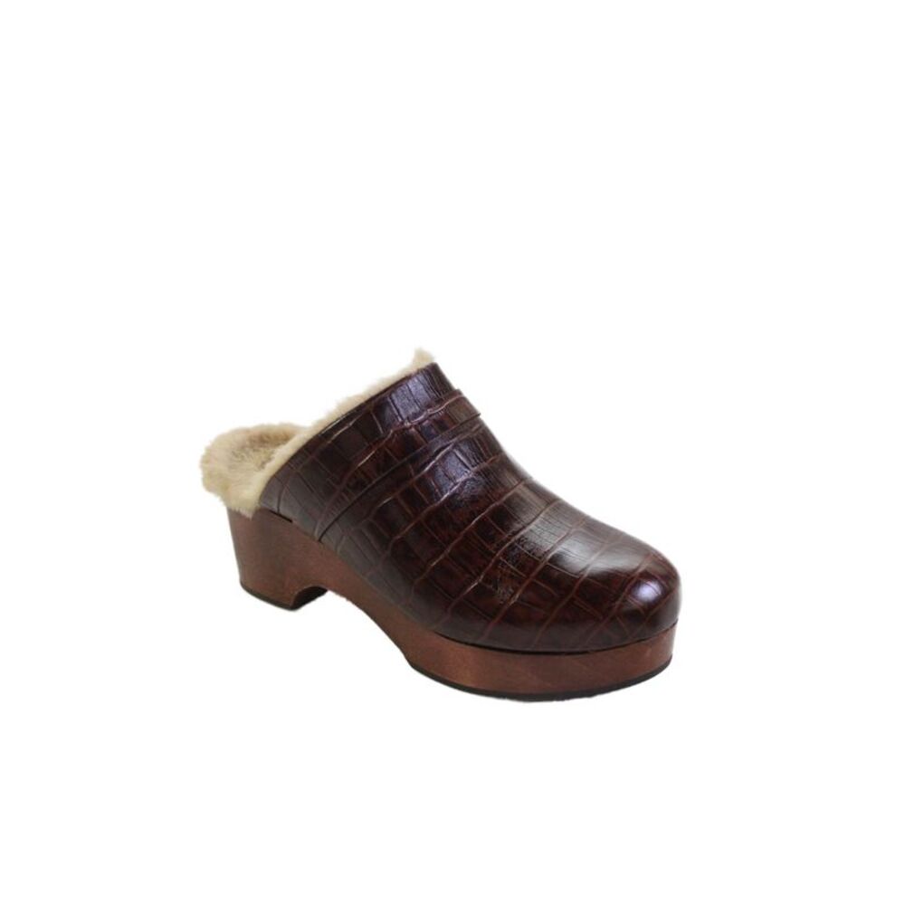 Andre Assous Womens Embossed Leather Platform Clog Heels Brown Size 7